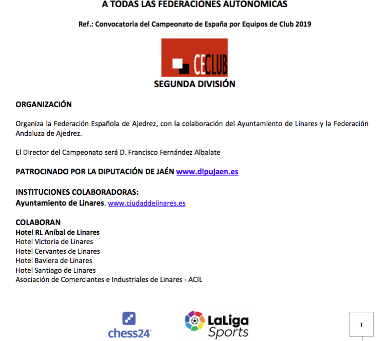 Circular 17/2018. Convocatoria CECLUB Segunda Divisi&oacute;n. Linares 2019